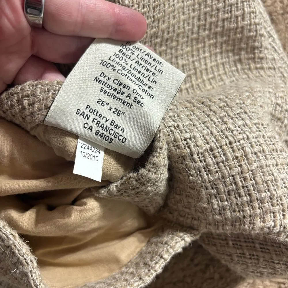 Pottery barn 100% linen chunky weave pillow shams loop button heavy 26”x26”